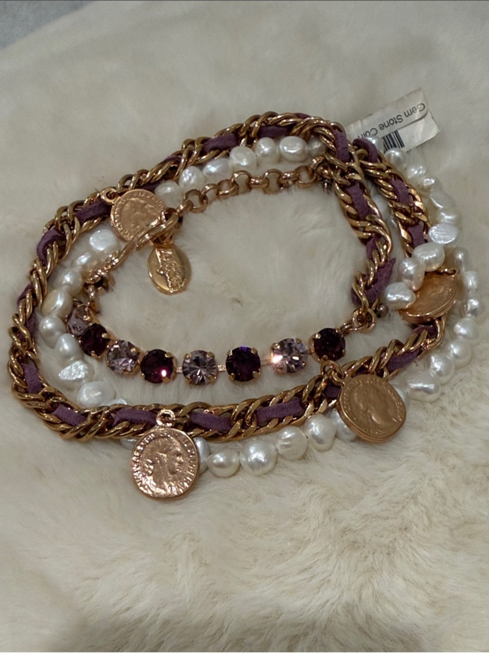 La Hola Gold Coin & Pearl Layered Bracelet with Purple Accents